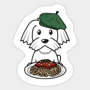 Cute white dog eating spaghetti Sticker